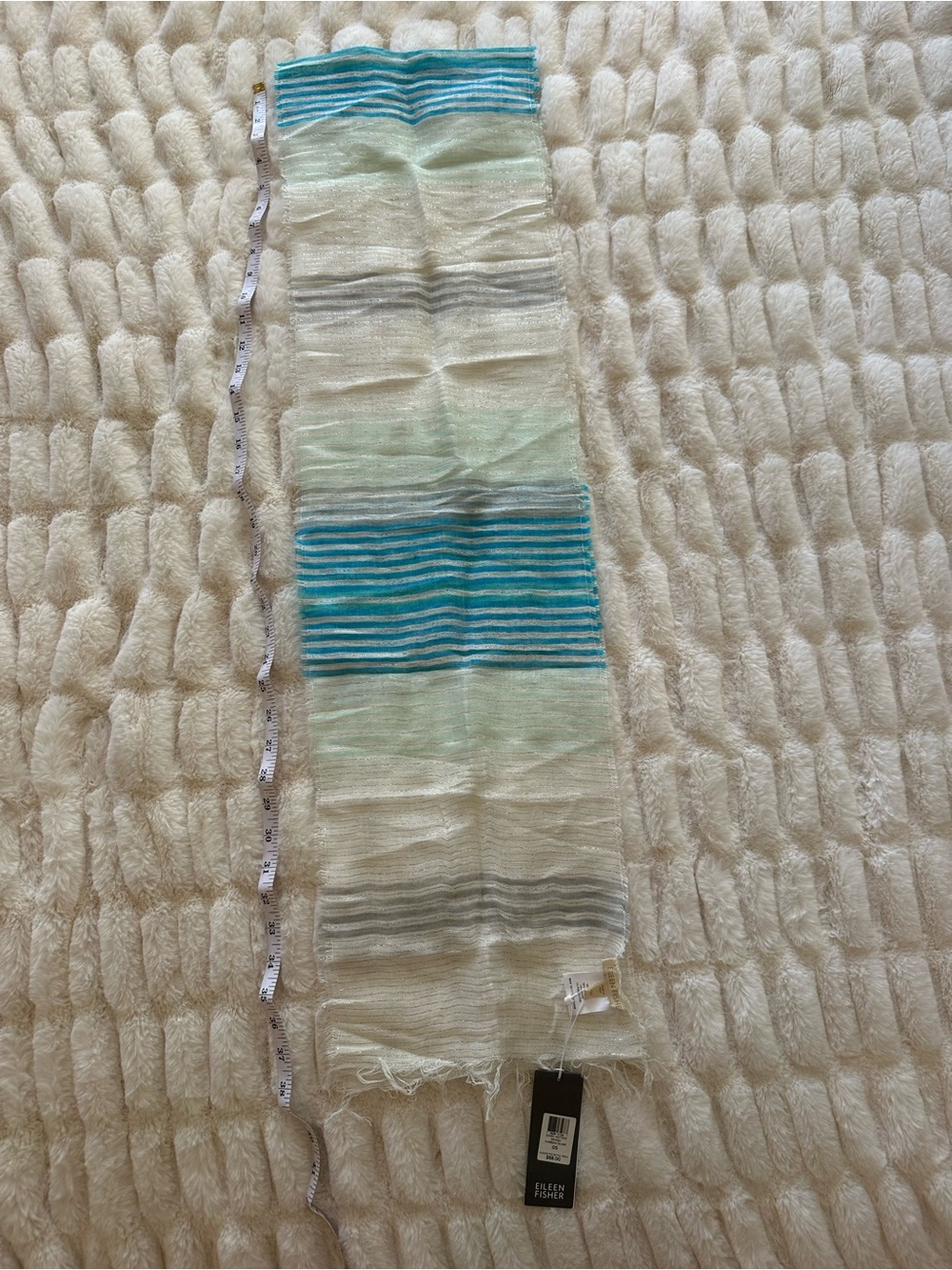 Eileen Fisher Teal, Silver, Aqua & Cream Lightweight Striped Scarf
